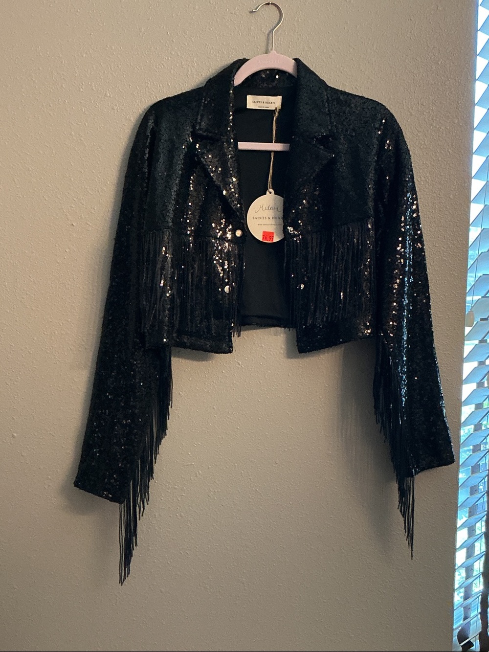 Sequined Fringe Cropped Sequin Jacket - Black by Saints & Hearts